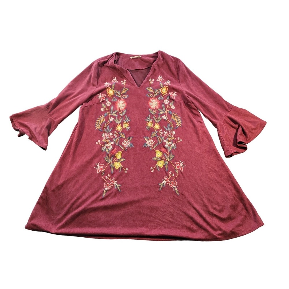 Altar'd State‎ Shift Dress Women M Vegan Floral Trumpet Sleeve Stretch Pockets